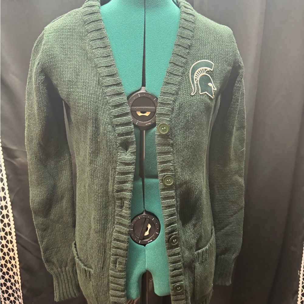 Forest Green V-Neck Knit Cardigan with Spartan Patch